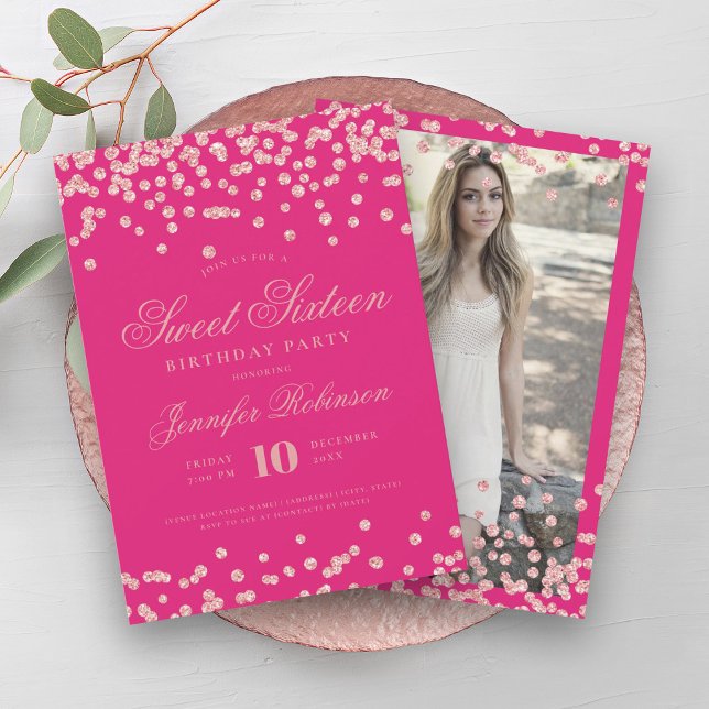 Invitación Rosa Oro rosado caliente Confetti Foto Dulce 16 (Rose Gold Hot Pink Confetti Photo Sweet 16 Invitation)