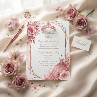 Invitación Rosa oro rosado princesa con corona de quinceañera