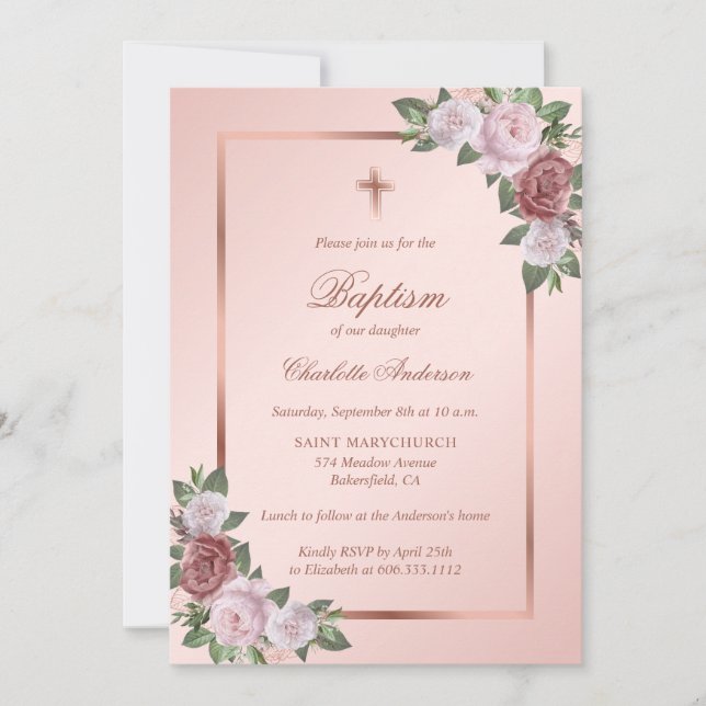 Invitación Rosa Oro Rubor Bautismo Chica Floral Rosa (Anverso)