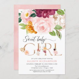 Invitación Rosa oro rubor burgundy floral chica bebé ducha