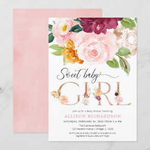 Invitación Rosa oro rubor burgundy floral chica bebé ducha