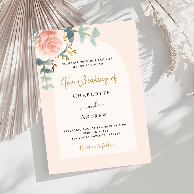 Invitación Rosa oro rubor floral arco boda de lujo (Subido por el creador)