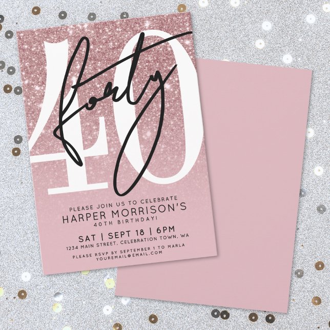 Invitación Rosa Oro Rubor Purpurina Rosa 40 cumpleaños (Rose Gold Blush Pink Glitter 40th Birthday Invitation)