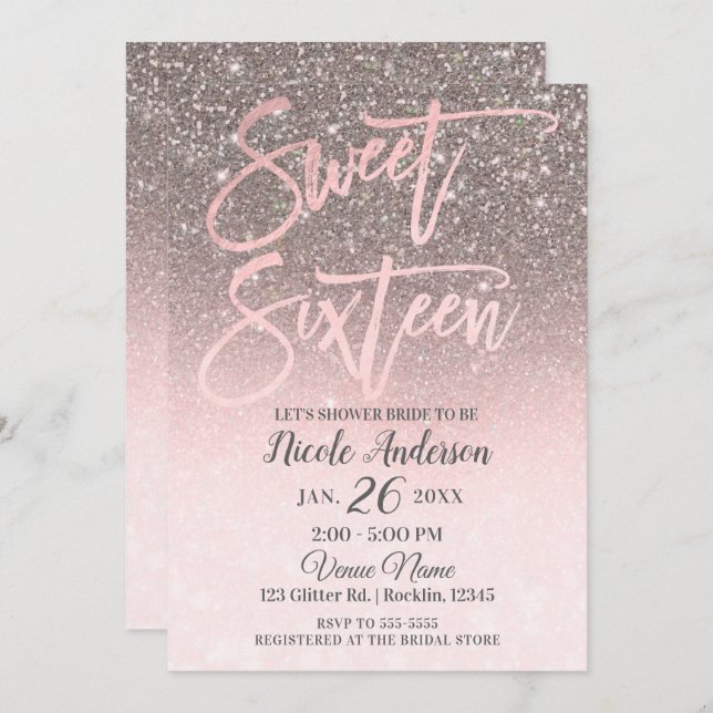 Invitación Rosa Oro Rubor Purpurina rosa Sparkle Glam Sweet 1 (Anverso / Reverso)
