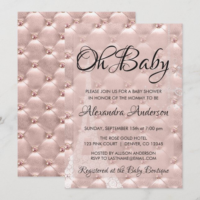 Invitación Rosa Oro Rubor Rosa París Oh Baby Shower (Anverso / Reverso)
