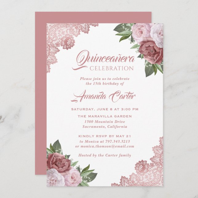 Invitación Rosa Oro Rubor Rosa Quinceañera 15º cumpleaños (Anverso / Reverso)