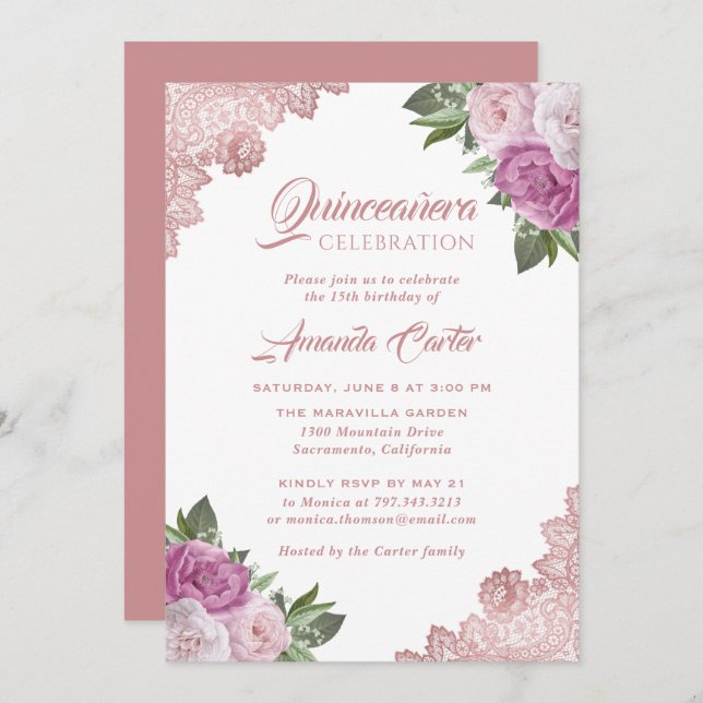 Invitación Rosa Oro Rubor Rosa Quinceañera 15º cumpleaños (Anverso / Reverso)