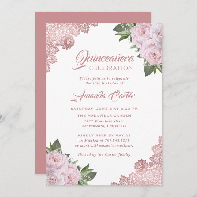 Invitación Rosa Oro Rubor Rosa Quinceañera 15º cumpleaños (Anverso / Reverso)