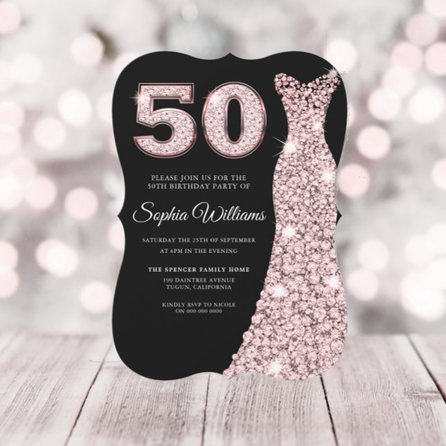 Invitación Rosa Oro Rubor Vestido rosa Negro 50 cumpleaños (Subido por el creador)