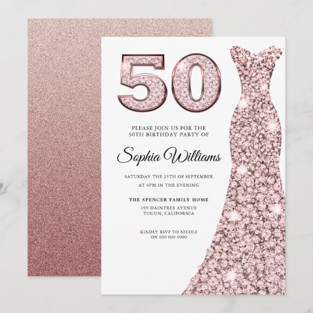 Invitación Rosa Oro Rubor Vestir a las mujeres 50 cumpleaños (Anverso / Reverso)