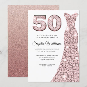 Invitación Rosa Oro Rubor Vestir a las mujeres 50 cumpleaños