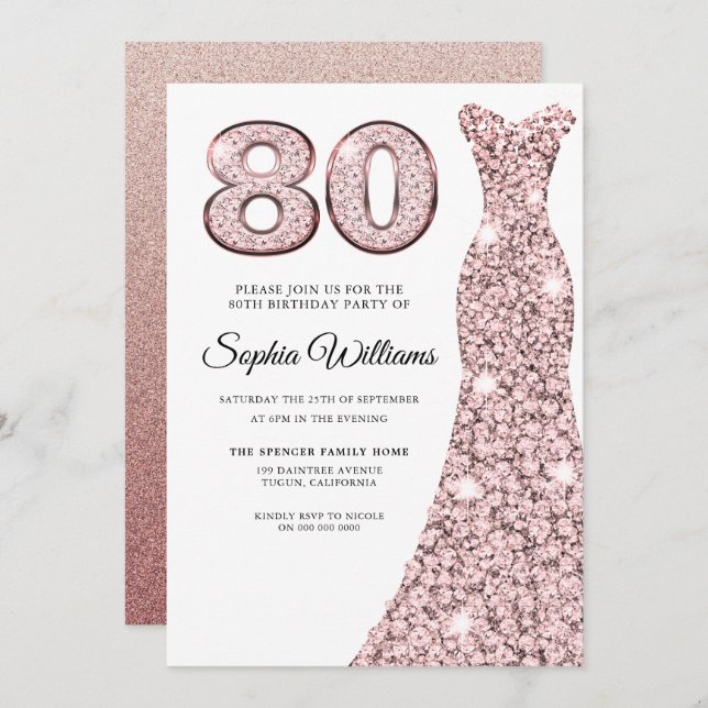 Invitación Rosa Oro Rubor Vestir a las mujeres 80 cumpleaños (Anverso / Reverso)
