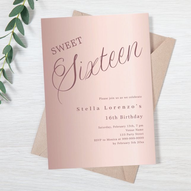 Invitación Rosa oro script lujo Sweet 16 (Subido por el creador)