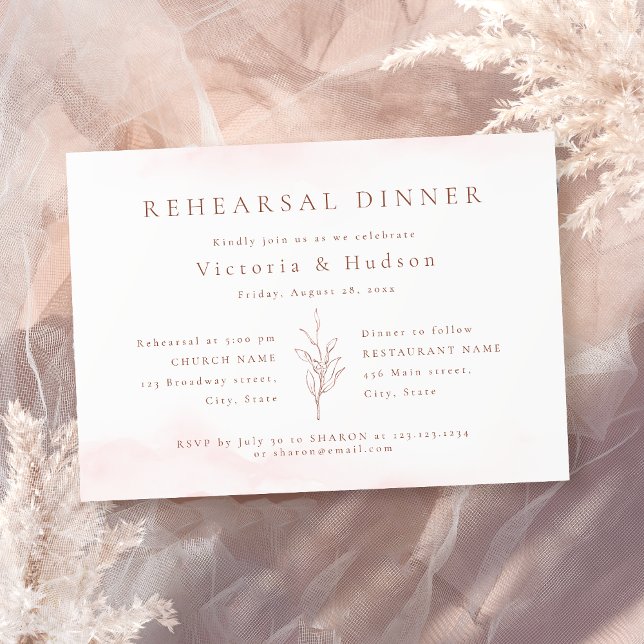 Invitación Rosa oro simple hojas botánicas cena de ensayo (Rose gold simple botanical leaves rehearsal dinner invitation)