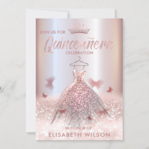 Invitación Rosa oro sombrío mariposa tiara Quinceañera Invit