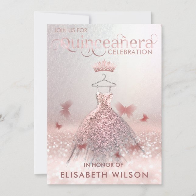 Invitación Rosa oro sombrío mariposa tiara Quinceañera Invit (Anverso)