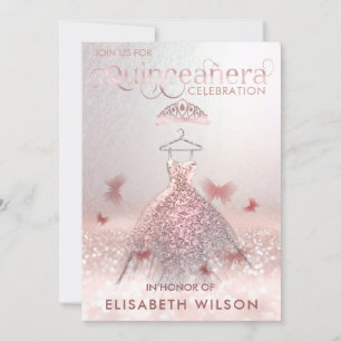 Invitación Rosa oro sombrío mariposa tiara Quinceañera Invit