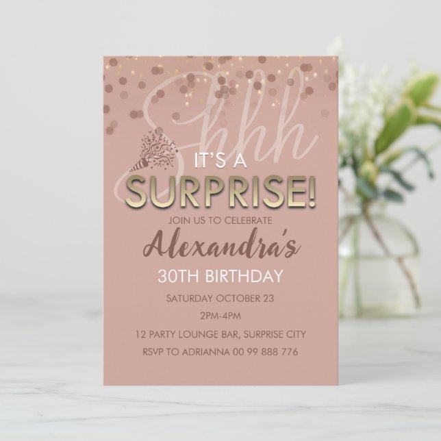 Invitación Rosa Oro Sorpresa Nacimiento Mujeres 60, 70, 80 (Anverso de pie)