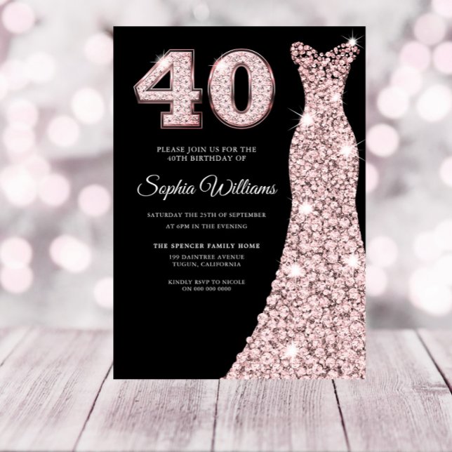 Invitación Rosa oro Sparkle Vestido 40 cumpleaños Fiesta negr (Subido por el creador)