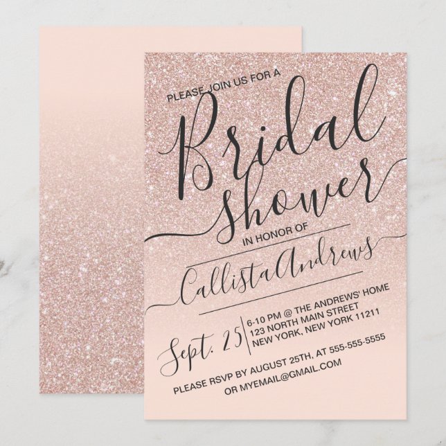 Invitación Rosa Oro Sparkly Faux Purpurina Ombre Bridal Showe (Anverso / Reverso)