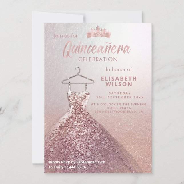 Invitación Rosa oro tiara secuelas vestido Quinceañera Invita (Anverso)