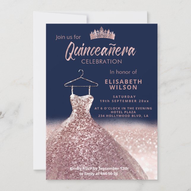 Invitación Rosa oro tiara secuelas vestir la marina de Quince (Anverso)