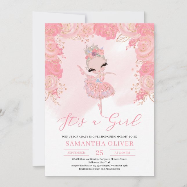 Invitación Rosa oro tutu ballerina rubia Baby Shower (Anverso)