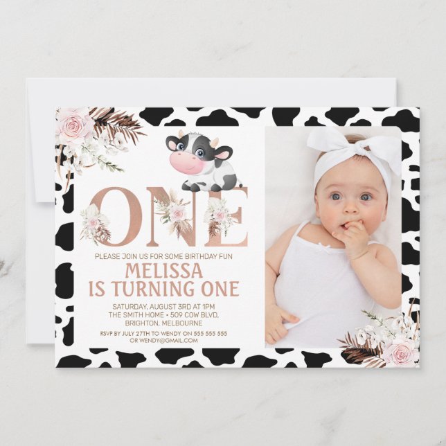 Invitación Rosa Oro Una Foto Vaca Floral Primer Cumpleaños (Anverso)