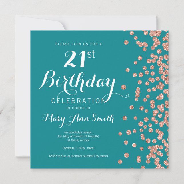 Invitación Rosa Oro Verde azulado 21 Purpurina de cumpleaños  (Anverso)