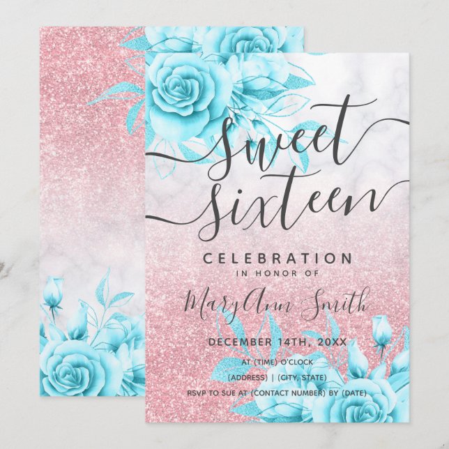 Invitación Rosa Oro Verde azulado Marble Floral Purpurina Dul (Anverso / Reverso)