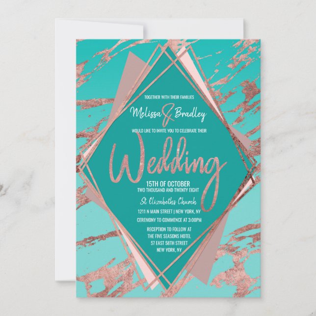 Invitación Rosa Oro Verde azulado Mármol Verde Boda de Diaman (Anverso)