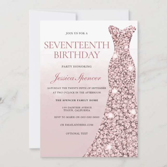 Invitación Rosa Oro Vestido Chicas Rosa 17 cumpleaños (Anverso)