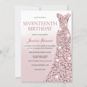 Invitación Rosa Oro Vestido Chicas Rosa 17 cumpleaños