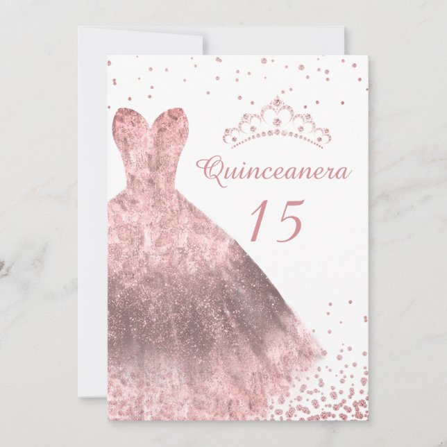 Invitación Rosa Oro Vestido Guiso Quinceanera Fiesta 15 (Anverso)