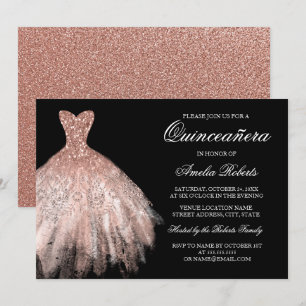 Invitación Rosa Oro Vestido Purpurina Negro Quinceanera