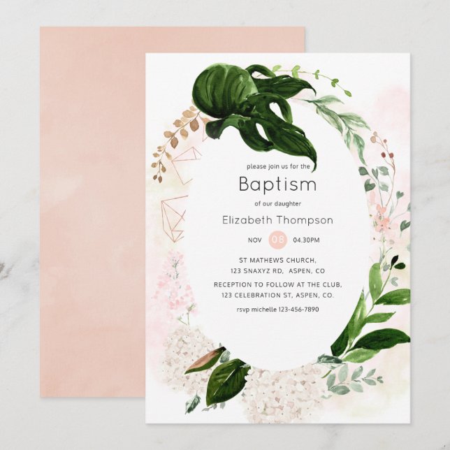 Invitación Rosa Oro y Beige Geométrico Verde Bautizo (Anverso / Reverso)