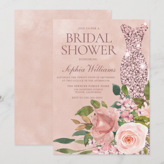 Invitación Rosa Oro y ducha de novias con flores rosadas Rubo (Anverso / Reverso)