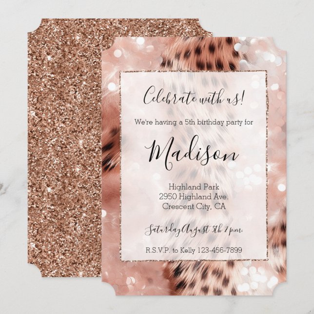 Invitación Rosa Oro y Leopardo Blanco Glitz Purpurina elegant (Anverso / Reverso)