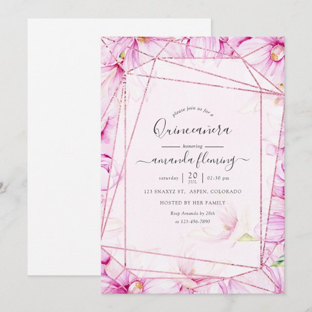 Invitación Rosa Oro y Magnolia Rosa Geométrica Quinceañera (Anverso / Reverso)