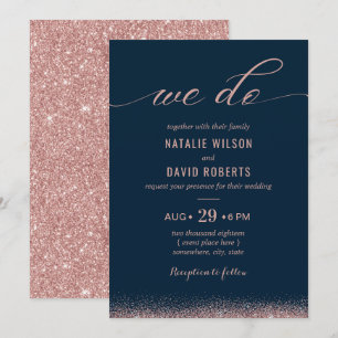 Invitación Rosa Oro y Marina Azul Elegante Boda de Tipografía