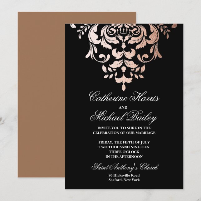 Invitación Rosa Oro y Negro Demask Relieve metalizado Boda (Anverso / Reverso)