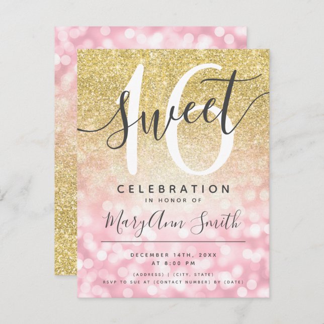 Invitación Rosa Oro y Oro Purpurina Glam Luces 16º cumpleaños (Anverso / Reverso)