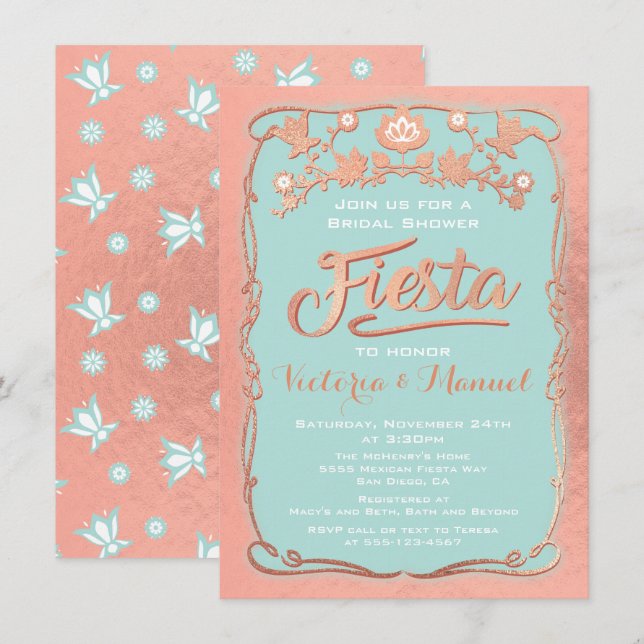 Invitación Rosa Oro y purpurina Mexicana Fiesta Bridal Ducha (Anverso / Reverso)