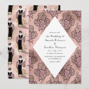 Invitación Rosa Oro y Rosa Beige Art Deco Vino Boda