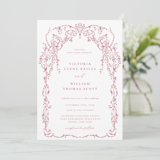 Invitación Rosa oscuro Boda de cuadros victorianos (Anverso de pie)