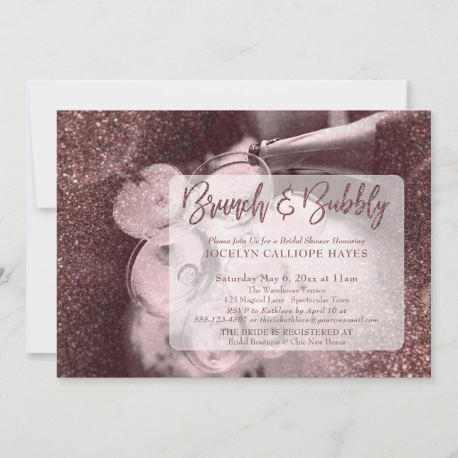 Invitación Rosa oscuro Purpurina de oro Foto Brunch & Bubbly (Anverso)