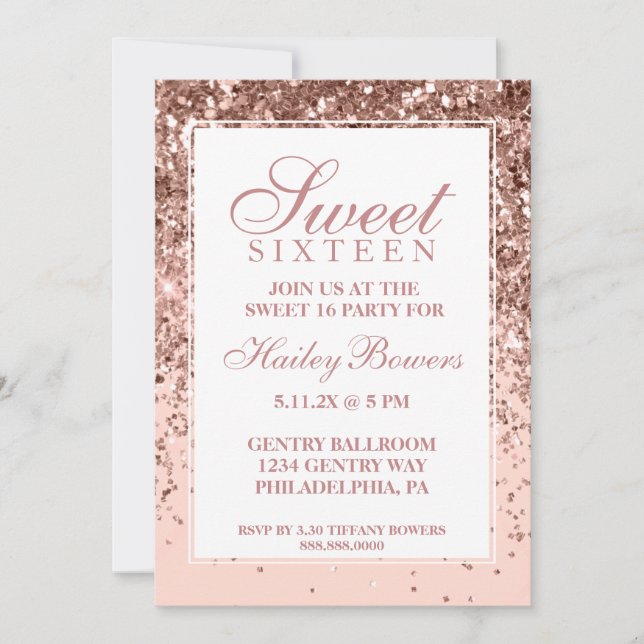 Invitación Rosa Oscuro Purpurina Oro Fab Dulce Dieciséis (Anverso)