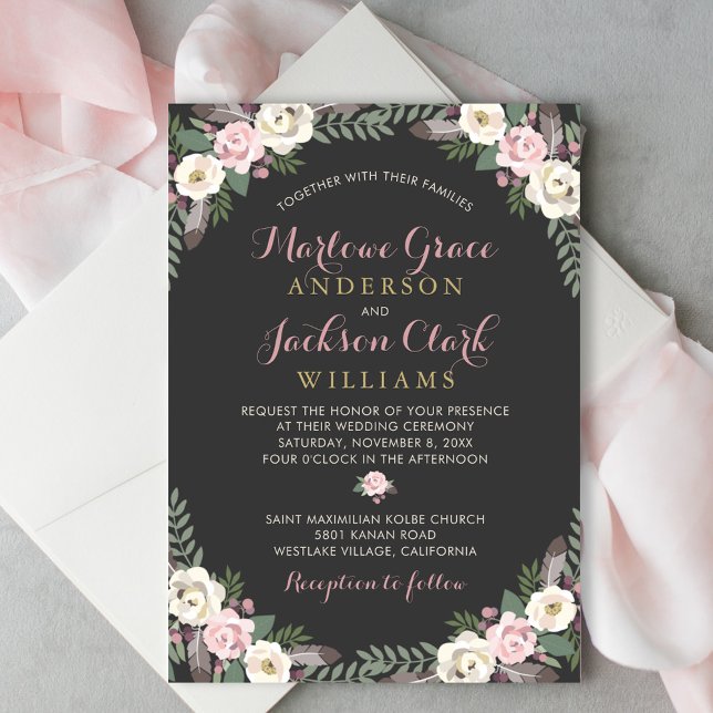 Invitación Rosa oscuro y amoroso Boda del Boho floral rosa (Subido por el creador)
