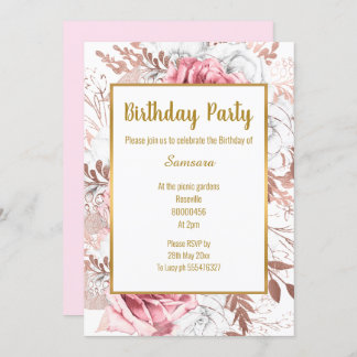 Invitación Rosa pálido Floral Bouquet Gold Trim Cumpleaños Bl