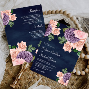 Invitación Rosa pálido púrpura floral todo en uno boda naval